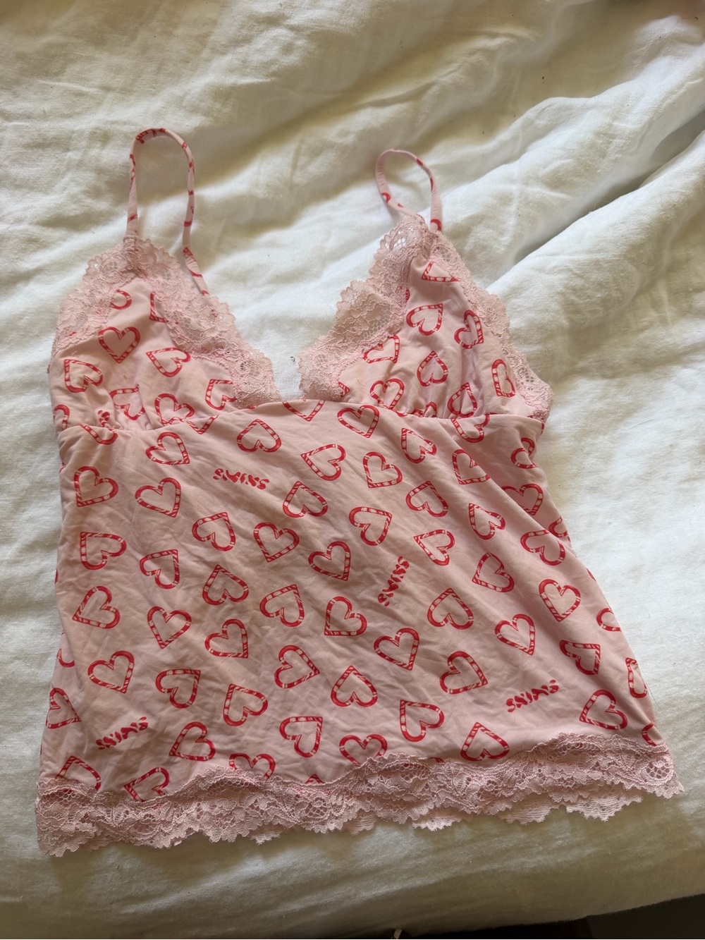 SKIMS Pink Lace-Trim Heart Print Camisole